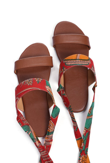 Red Kalamkari Tie Up Flats